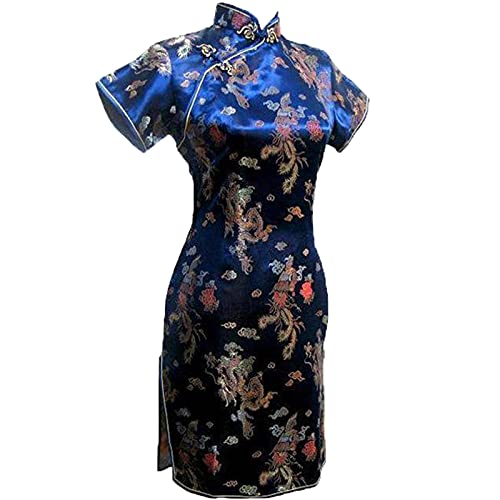 Vintage Drache und Phoenix Kurz Qipao Elegant Frauen Cheongsam Mandarinenkragen Sexy Mini Chinesisches Kleid Oversize Marineblau 1 6XL, Marineblau 1, XXXXXX-Large von Chyoieya
