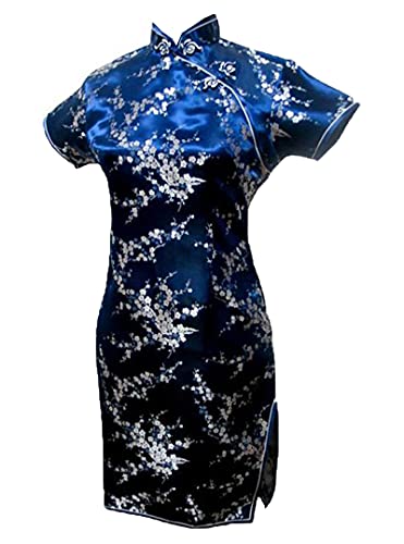 Vintage Drache und Phönix Kurz Qipao Elegant Frauen Cheongsam Mandarinenkragen Sexy Mini Chinesisches Kleid Oversize, Marineblau 2, Medium von Chyoieya