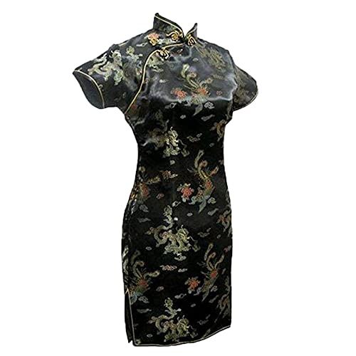 Vintage Drache und Phönix Kurz Qipao Elegant Frauen Cheongsam Mandarinenkragen Sexy Mini Chinesisches Kleid Oversize, schwarz 1, Medium von Chyoieya