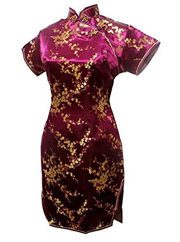 Vintage Drache und Phoenix Kurz Qipao Elegant Frauen Cheongsam Mandarinenkragen Sexy Mini Chinesisches Kleid Oversize Burgunderrot 2 XL, Burgund 2, XL von Chyoieya