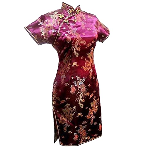 Vintage Drache und Phoenix Kurz Qipao Elegant Frauen Cheongsam Mandarinenkragen Sexy Mini Chinesisches Kleid Oversize Burgundy 1 5XL, Burgund 1, XXXXX-Large von Chyoieya