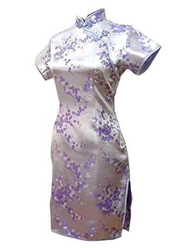 Vintage Drache und Phönix Kurz Qipao Elegant Frauen Cheongsam Mandarinenkragen Sexy Mini Chinesisches Kleid Oversize Hellviolett S, hellviolett, S von Chyoieya