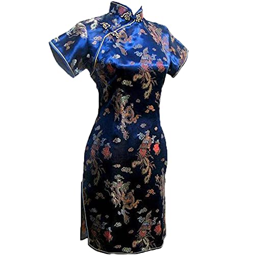 Vintage Drache und Phoenix Kurz Qipao Elegant Frauen Cheongsam Mandarinenkragen Sexy Mini Chinesisches Kleid Oversize Marineblau 1 S, Marineblau 1, S von Chyoieya