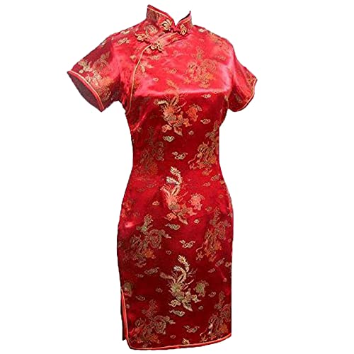 Vintage Drache und Phoenix Kurz Qipao Elegant Frauen Cheongsam Mandarinenkragen Sexy Mini Chinesisches Kleid Oversize Rot 1 XXL, Rot 1, XXL von Chyoieya