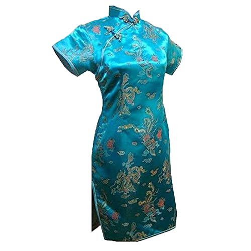 Vintage Drache und Phoenix Kurz Qipao Elegant Frauen Cheongsam Mandarinenkragen Sexy Mini Chinesisches Kleid Oversize See Blue L, seeblau, L von Chyoieya