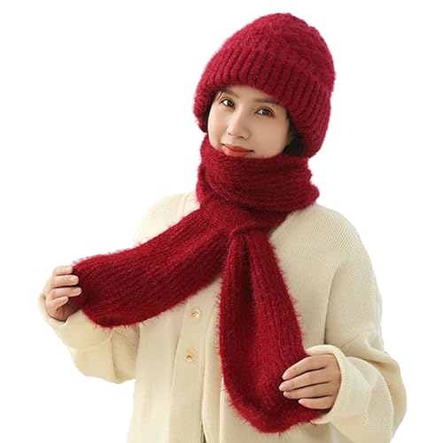 Integrierter Ohrenschutz Winddicht Cap Schal, 2 in 1 Warme Strickmütze Schal, Stricken Verdickung Mütze Wintermütze Schal, Rot, Einheitsgröße von Chyuan
