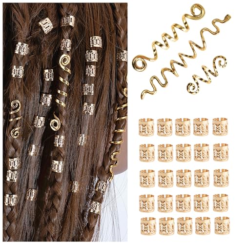 28pcs Dreadlocks Haarspiralen Dreadlocks Schmuck Verstellbar Cuffs Haarspiralen Clips Haar Schmuck für Männer Und Frauen Flechtet Zubehör (Gold) von Chyuxinda