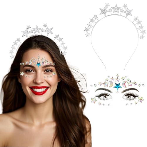 2pcs Sterne Glitzer Haarband Kostüm Haarreif Silber Stirnband Gesichtstattoo für Damen Halloween Karneval Fasching Geburtstag Cosplay Party von Chyuxinda