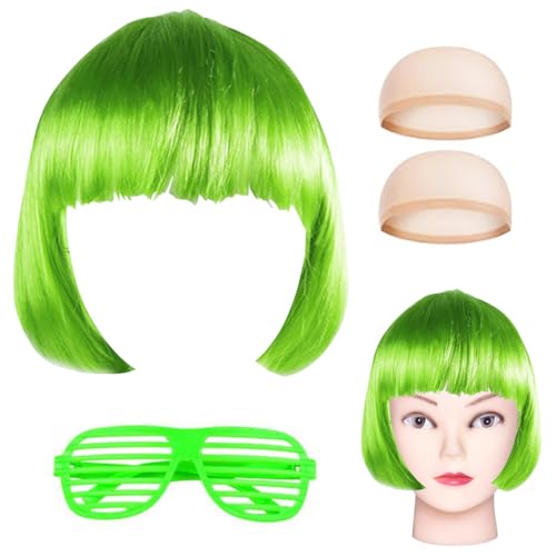 Bob Perücke Neonbrille Set Kurz Haarteile mit Haarnetz für Damen 80s Halloween Cosplay Karneval Fasching Party (Grün) von Chyuxinda