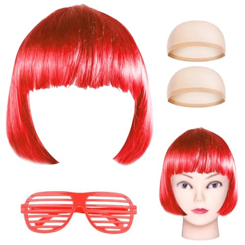 Bob Perücke Neonbrille Set Kurz Haarteile mit Haarnetz für Damen 80s Halloween Cosplay Karneval Fasching Party (Rot) von Chyuxinda
