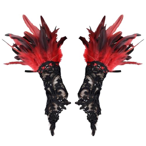 Chyuxinda 1 Paar Damen Feder Handschuhe Gothic Lace Netzhandschuhe Fingerlose Hexenhandschuhe für Halloween Karneval Fasching Party Hochzeit Cosplay (rot, Einheitsgröße) von Chyuxinda