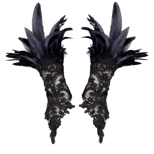 Chyuxinda 1 Paar Damen Feder Handschuhe Gothic Lace Netzhandschuhe Fingerlose Hexenhandschuhe für Halloween Karneval Fasching Party Hochzeit Cosplay (schwarz, Einheitsgröße) von Chyuxinda