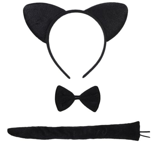 Chyuxinda 3er Tier Katze Kostüm Katzeohren Stirnband Schwanz und Fliege für Tierkostüm Cosplay Geburtstagsparty Halloween Partyzubehör Karneval von Chyuxinda