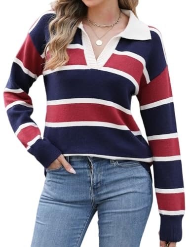 CiCiBird Damen-Pullover mit V-Ausschnitt, Farbblock-Poloshirt, langärmelig, lässig, locker, gestreifter Pullover, Streifen Rot Blau, Klein von CiCiBird