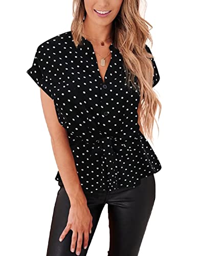 Damen-Blusen mit Knopfleiste, lässiges Schößchen, Sommer-Top, Elegante Chiffon-Arbeitsbluse, schwarz mit Punkten, X-Groß von CiCiBird