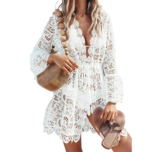 L&ieserram Damen Spitze Strandkleid V-Ausschnitt Badeanzug Bedecken Pareos Kimono Cardigan Strandkleid Boho Transparent Strandponcho (Weiß, S) von L&ieserram