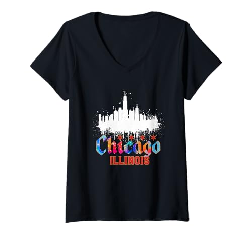 Damen Chicago Downtown City Skyline bunter Aquarell-Stil T-Shirt mit V-Ausschnitt Damen Chicago Downtown City Skyline bunter Aquarell-Stil T-Shirt mit V-Ausschnitt von CiLo CoLi