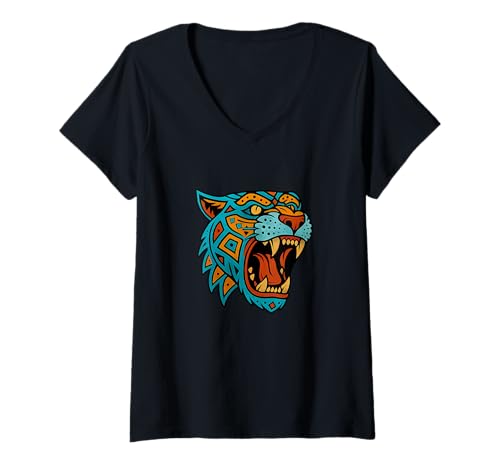 Damen Jaguar Maya Aztec Ureinwohner Mexikanischer Stolz Mexikanische Mythologie T-Shirt mit V-Ausschnitt Damen Jaguar Maya Aztec Ureinwohner Mexikanischer Stolz Mexikanische Mythologie T-Shirt mit V-Ausschnitt von CiLo CoLi