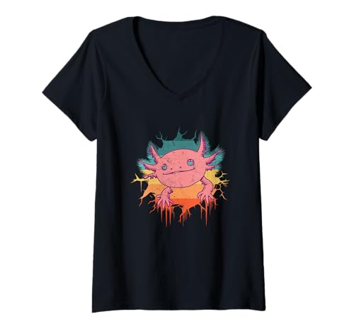 Damen Niedlicher Axolotl Jungen Mädchen Kinder Vintage Retro 1970er 1980er Stil T-Shirt mit V-Ausschnitt Damen Niedlicher Axolotl Jungen Mädchen Kinder Vintage Retro 1970er 1980er Stil T-Shirt mit V-Ausschnitt von CiLo CoLi