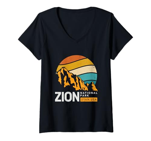 Damen Reisen in den Zion-Nationalpark im Vintage-Stil im Retrostil bei Sonnenuntergang in Utah T-Shirt mit V-Ausschnitt Damen Reisen in den Zion-Nationalpark im Vintage-Stil im Retrostil bei Sonnenuntergang in Utah T-Shirt mit V-Ausschnitt von CiLo CoLi