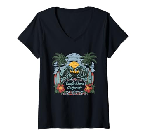 Damen Summer Vibes Surfen Santa Cruz Beach California Vintage T-Shirt mit V-Ausschnitt Damen Summer Vibes Surfen Santa Cruz Beach California Vintage T-Shirt mit V-Ausschnitt von CiLo CoLi