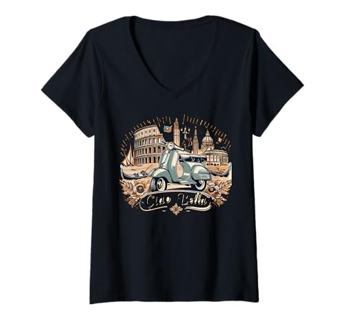Damen Ciao Bella Moto Roma Italia Sprache T-Shirt mit V-Ausschnitt Damen Ciao Bella Moto Roma Italia Sprache T-Shirt mit V-Ausschnitt von Ciao Cella, Ciao Italian Design