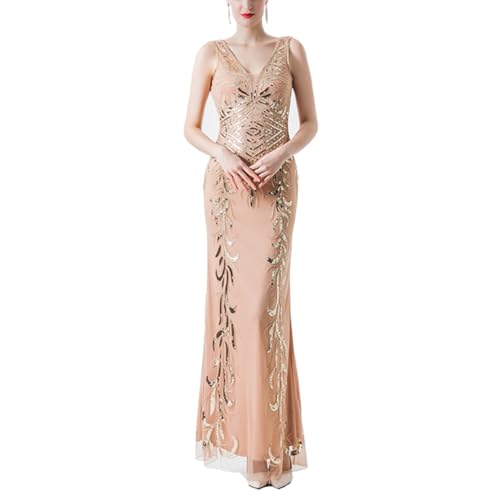 Cicano 1920er Jahre Flapper-Kleid V-Ausschnitt Pailletten Perlen Lange Fransen Art Deco Vintage Gatsby Dess, gold, X-Large von Cicano