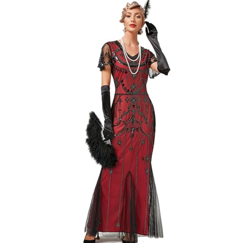 Cicano 1920er Jahre Flapper Kleid Vintage Gatsby Party Art Deco Pailletten Maxi Abend Cocktail Kostüm Kleider, schwarz / rot, L von Cicano