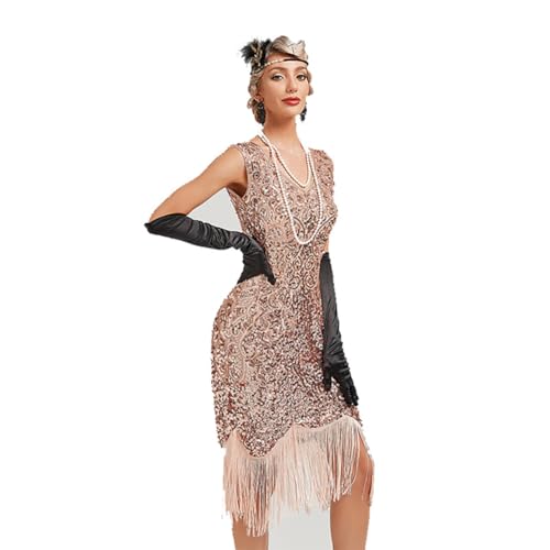 Cicano 1920er Jahre Flapper Kleid für Frauen Vintage Pailletten Fransen Gatsby Kostüm Kleid, rose, XX-Large von Cicano