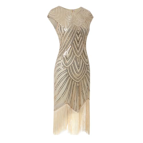 Cicano Damen Flapper Kleider 1920er Jahre Pailletten Fransen Art Deco Roaring 20er Jahre Gatsby Kleid, beige, X-Large von Cicano