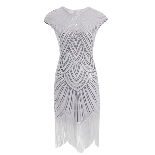 Cicano Damen Flapper Kleider 1920er Jahre Pailletten Fransen Art Deco Roaring 20er Jahre Gatsby Kleid, weiß, X-Small von Cicano