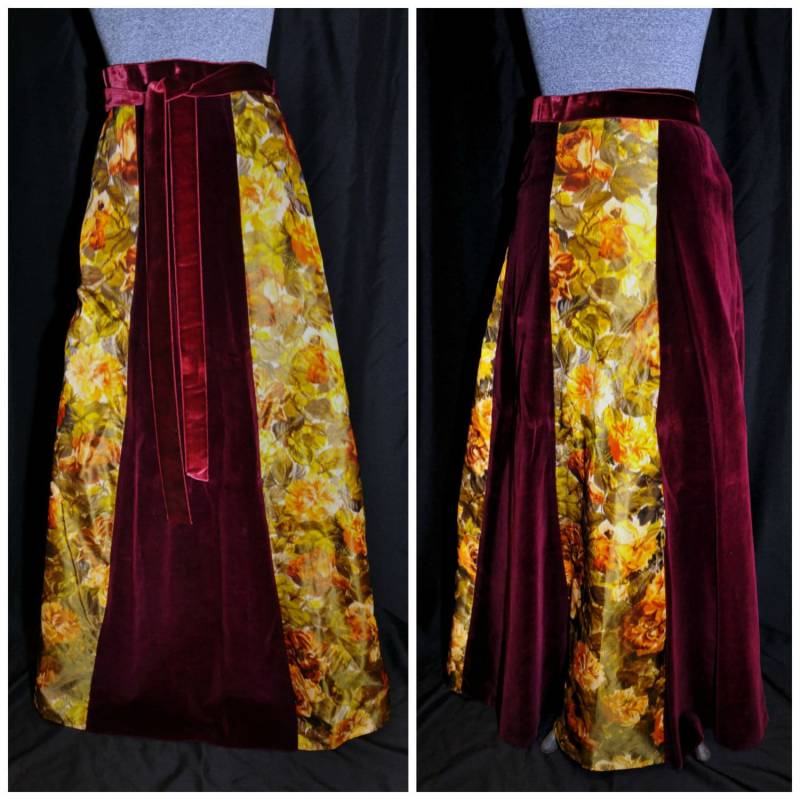 Vtg 60Er 70Er/Burgandy Samt Floral Maxi Wickelrock Von Staron Made in France Größe Klein Party Formell von CicelysCloset