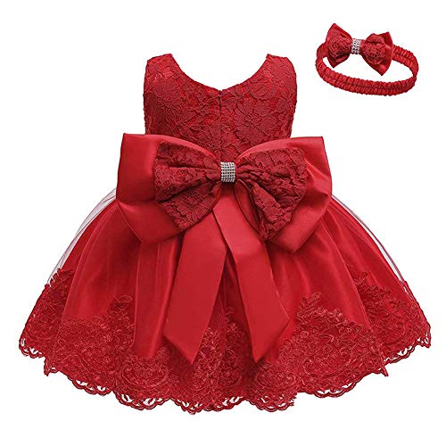 Cichic Baby Mädchen Kleid Taufkleid Spitze Prinzessin Kleid Tutu Kleid Mädchen Festlich Hochzeit Geburtstag Partykleid Blumenmädchenkleid Festzug Babybekleidung (18-24 Monate, Rot) von Cichic