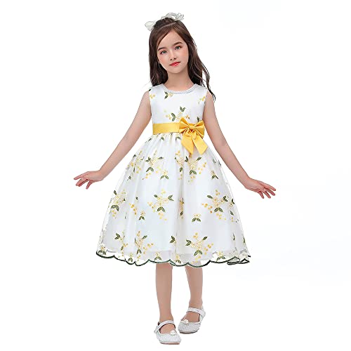 Cichic Prinzessin Kleid Mädchen Elegant Stickerei Tüll Blume Kleider Kommunion Taufkleid Baby Gelb 7-8 Jahre von Cichic