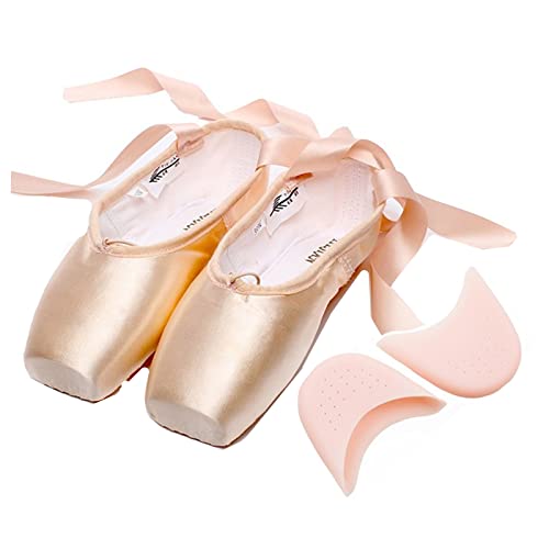 Ballettschuhe, Spitze, Tanzschuhe aus Satin, mit elastischem Band und Zehenschutz für Ballerinas, Mädchen, Damen, Nackt mit Silikondeckel, 35 EU von Cicilin