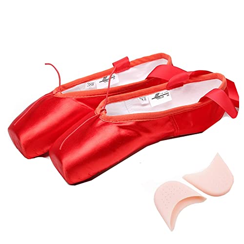 Ballettschuhe Spitze Tanzschuhe aus Satin mit Gummiband und Zehenschutz für Ballerinas, Mädchen und Damen, Rot mit Silikondeckel, 37 EU von Cicilin