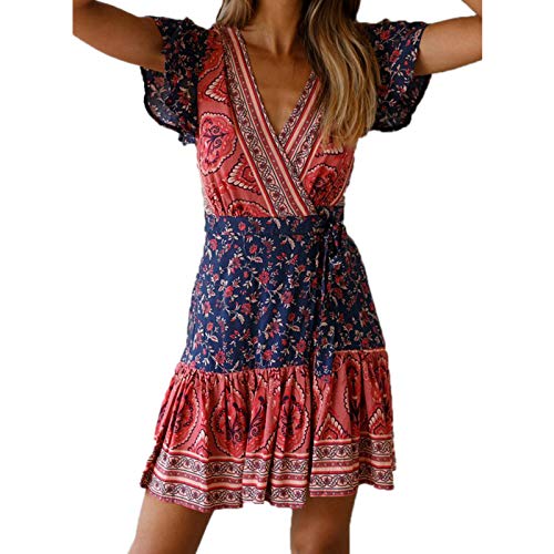 Cicilin Damen Boho Kleid Vintage Dress Sommerkleid V-Ausschnitt A-Linie Strandkleider B XL(Taille 78 cm) von Cicilin