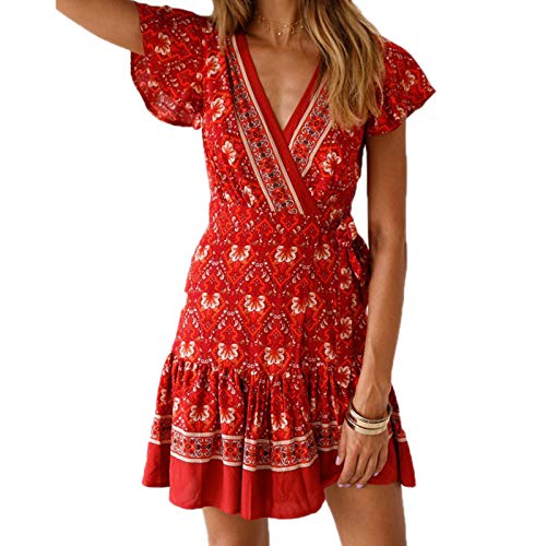 Cicilin Damen Boho Kleid Vintage Dress Sommerkleid V-Ausschnitt A-Linie Strandkleider Rot Weiß S(Taille 66cm) von Cicilin