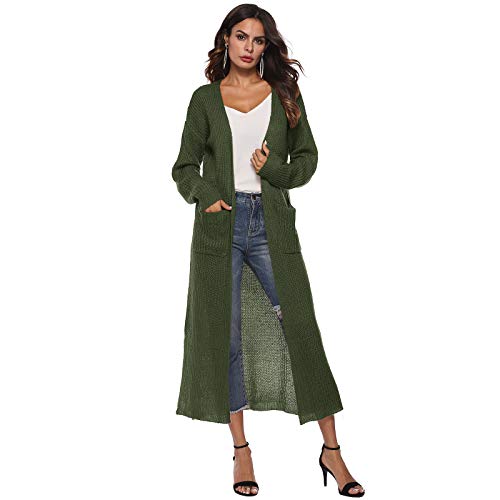 Cicilin Damen Cardigan Lange Elegant Strickjacke Einfarbig Herbst Frühling Freizeitjacke Casual Einfarbig Armeegrün XXL von Cicilin