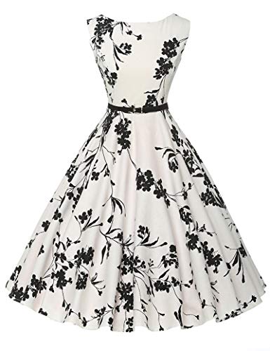 Cicilin Damen Cocktailkleid 1950er Vintage Faltenrock Hepburn Stil Partykleid Blumen Elegant Tanz Rockabilly Kleider Midi Gürtel Weiß Schwarz 3XL von Cicilin