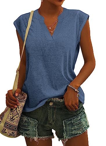 Cicy Bell Bluse Damen Elegant Ärmellose T-Shirt V Ausschnitt Cap Tops Shirt T-Shirts für Damen Sommer Hemden Oberteile Blau XL von Cicy Bell