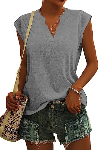 Cicy Bell Bluse Damen Elegant Ärmellose T-Shirt V Ausschnitt Cap Tops Shirt T-Shirts für Damen Sommer Hemden Oberteile Grau L von Cicy Bell