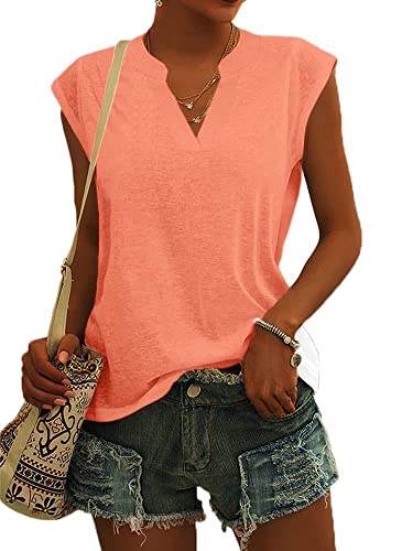 Cicy Bell Bluse Damen Elegant Ärmellose T-Shirt V Ausschnitt Cap Tops Shirt T-Shirts für Damen Sommer Hemden Oberteile Orange XXL von Cicy Bell