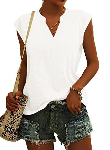 Cicy Bell Bluse Damen Elegant Ärmellose T-Shirt V Ausschnitt Cap Tops Shirt T-Shirts für Damen Sommer Hemden Oberteile Weiß L von Cicy Bell