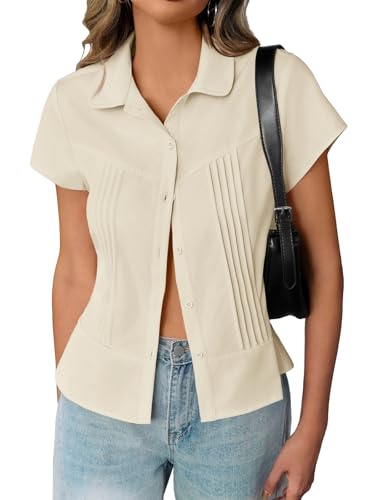 Cicy Bell Bluse Damen Hemd Sommer Kurzarm T-Shirt Button Down Plissee Blusen Casual Oberteile Einfarbig Slim Fit Top Aprikose XL von Cicy Bell