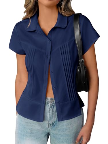 Cicy Bell Bluse Damen Hemd Sommer Kurzarm T-Shirt Button Down Plissee Blusen Casual Oberteile Einfarbig Slim Fit Top Dunkelblau XL von Cicy Bell