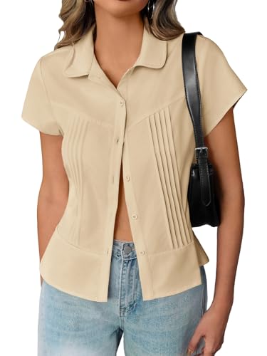 Cicy Bell Bluse Damen Hemd Sommer Kurzarm T-Shirt Button Down Plissee Blusen Casual Oberteile Einfarbig Slim Fit Top Khaki M von Cicy Bell