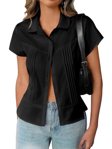 Cicy Bell Bluse Damen Hemd Sommer Kurzarm T-Shirt Button Down Plissee Blusen Casual Oberteile Einfarbig Slim Fit Top Schwarz XL von Cicy Bell