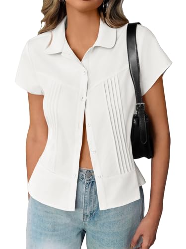 Cicy Bell Bluse Damen Hemd Sommer Kurzarm T-Shirt Button Down Plissee Blusen Casual Oberteile Einfarbig Slim Fit Top Weiß S von Cicy Bell