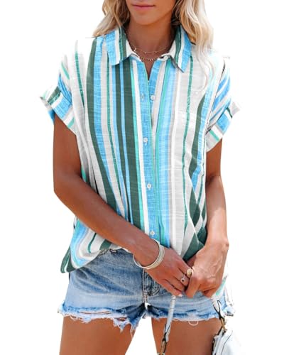 Cicy Bell Bluse Damen Kurzarm Streifen Oberteile V-Ausschnitt Gestreifte Hemden Tops Sommer Casual Button Down T-Shirt Blau L Cicy Bell Bluse Damen Kurzarm Streifen Oberteile V-Ausschnitt Gestreifte Hemden Tops Sommer Casual Button Down T-Shirt Blau L von Cicy Bell